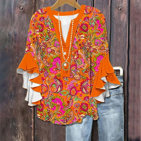 FNFHFY Womens Ruffle 3/4 Sleeve Tops Dressy Button V Neck Vacation Blouses Cute Floral Print Boho Tops Flowy Tunic Shirts