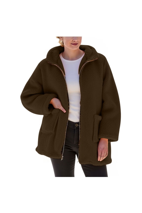FNFHFY Womens Sherpa Coat Faux Shearling Shaggy Full Zip Coats Warm Winter Fleece Zip Up Sherpa Jacket with Pocket