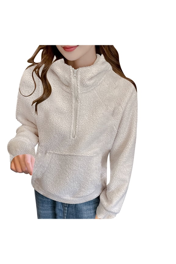 FNFHFY Womens Sherpa Hoodies Trendy Quarter Zip Up Fleece Pullovers Faux Shearling Half Zip Hooded Sweatshirt Jackets with Kangaroo Pocket