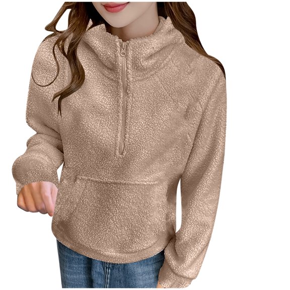 FNFHFY Womens Sherpa Hoodies Trendy Quarter Zip Up Fleece Pullovers Faux Shearling Half Zip Hooded Sweatshirt Jackets with Kangaroo Pocket