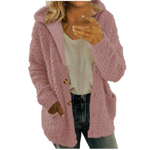 FNFHFY Womens Sherpa Jackets Casual Button Down Fuzzy Fleece Hooded Jacket Loose Fit Soft Plush Cardigan Winter Cozy Warm Coats