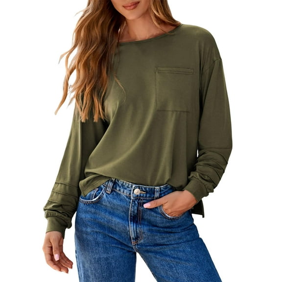 FNFHFY Womens Shirts Crew Neck Long Sleeve Shirt Loose Fit Solid Basic Tee Casual Oversized T-shirt Workout Jersey Shirts