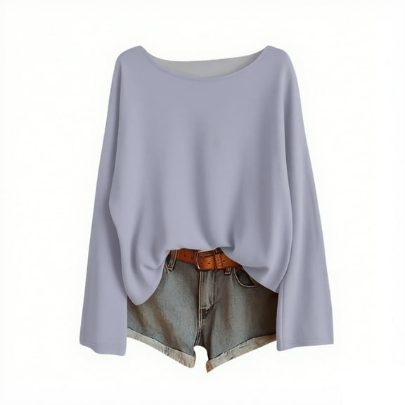 FNFHFY Womens Shirts Long Batwing Sleeve Shirt Boat Neck Fall Clothes Solid Color Casual Pullover Tops