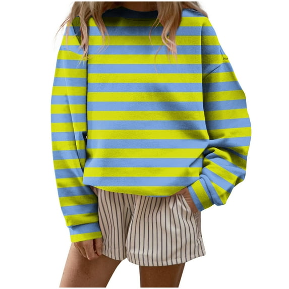 FNFHFY Womens Striped Sweatshirt Casual Crewneck Sweatshirts Loose Fit Drop Shoulder Pullovers Long Sleeve Shirt