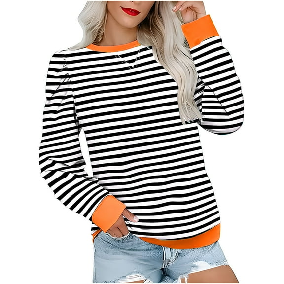 FNFHFY Womens Striped Sweatshirt Crewneck Color Block Shirts Puff Sleeve Loose Fit Blouse Tops Preppy Top Y2K Outfits