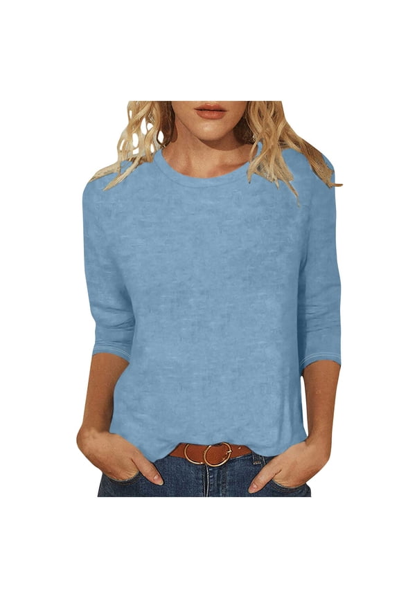 Womens Three Quarter Shirt Crew Neck Solid Pullover Tops Looses Tunic Shirts Fall Lightweight Soft Tees
