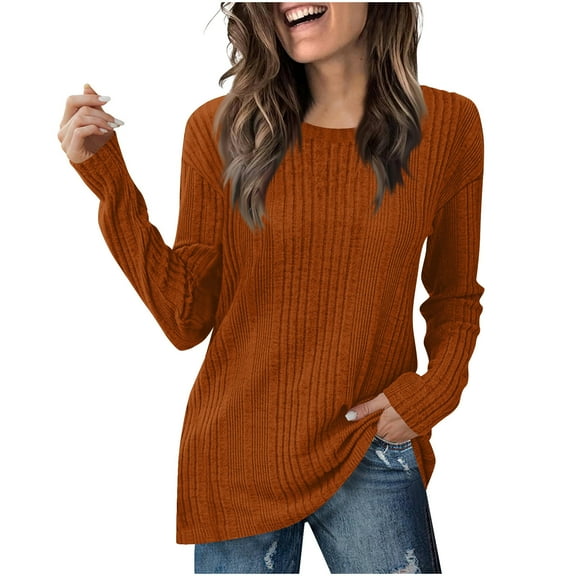 FNFHFY Womens Tunic Tops Long Sleeeve Shirts Crew Neck Ribbed Knit Blouse Solid Pullover Sweaters 2025 Fashion Outfits