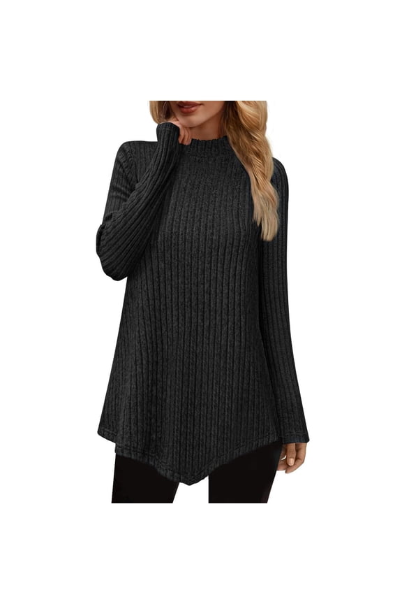 Womens Tunic Tops Long Sleeve Shirts Lightweight Sweaters Solid Color Mock Neck Shirt Asymmetrical Hem Tops