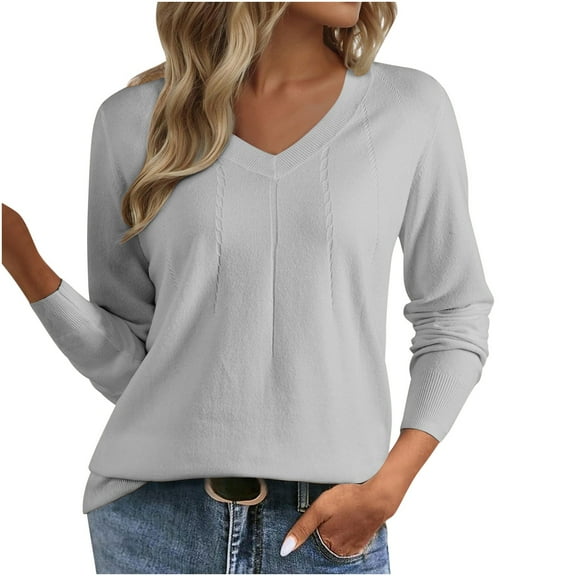 FNFHFY Womens V Neck Sweater Lightweight Knit Pullover Tops Casual Solid Color Long Sleeve Shirts Fall Comfy Clothes