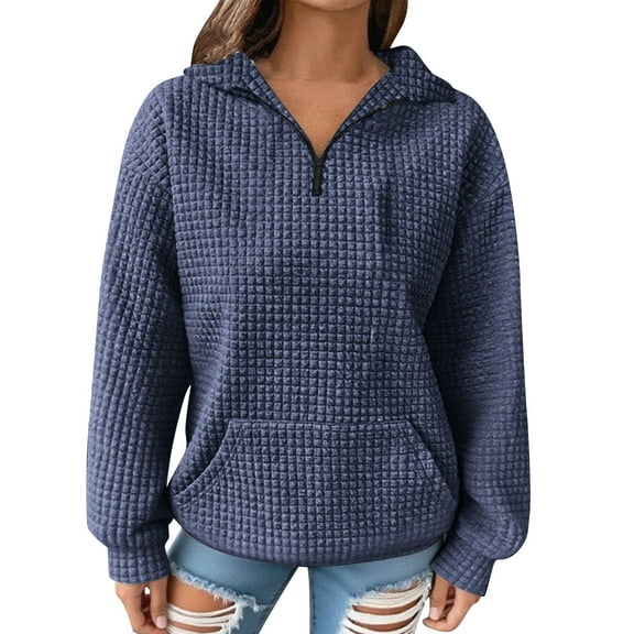 FNFHFY Womens Waffle Knit Pullover Sweatshirts Casual Loose Quarter Zip Up Swetshirt Lapel V Neck Pullovers Fall Comfy Long Sleeve Shirts