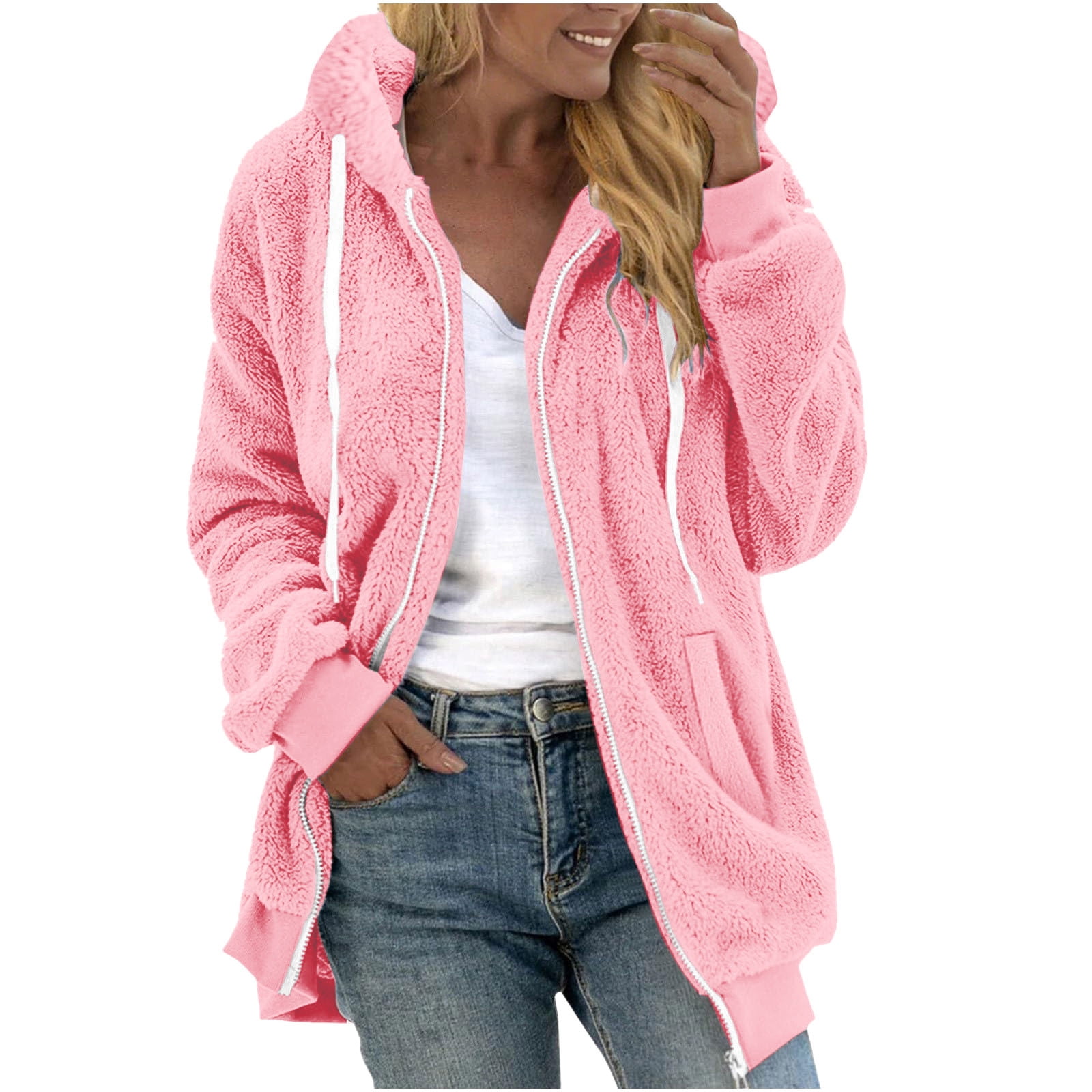 FNFHFY Womens Zip Up Sherpa Hoodies Comfy Soft Plus Size Hoodie Cozy Drawstring Solid Hooded Sweatshirts Fall Winter Thermal Warm Jackets