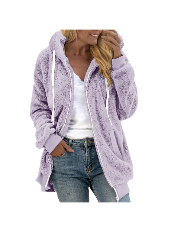 FNFHFY Womens Zip Up Sherpa Hoodies Comfy Soft Plus Size Hoodie Cozy Drawstring Solid Hooded Sweatshirts Fall Winter Thermal Warm Jackets