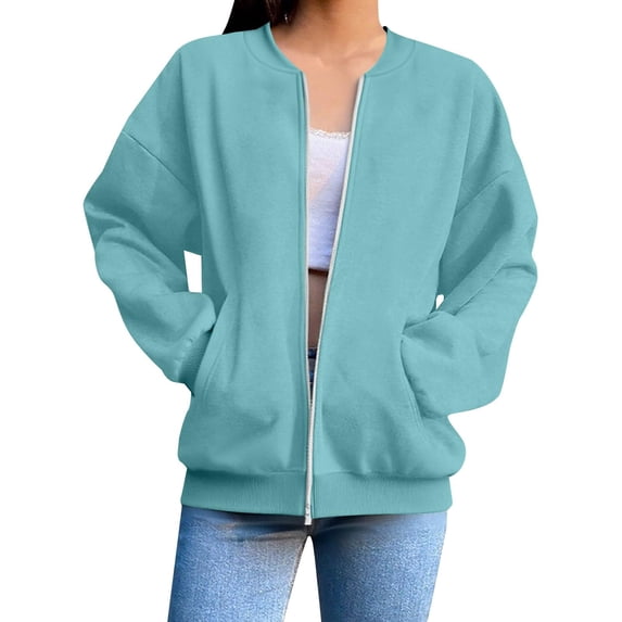FNFHFY Womens Zip Up Sweatshirt Trendy Bomber Jacket Oversized Drop Shoulder Solid Sweatshirts Fall Lightweight Long Sleeve Jackets