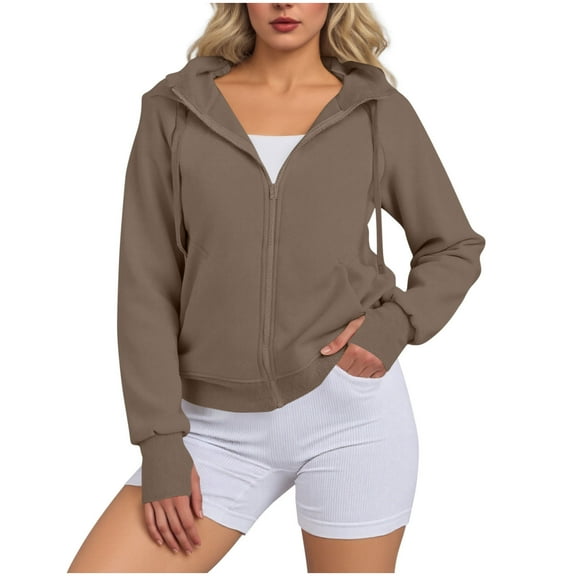 FNFHFY Zip Up Hoodies for Women Casual Crop Drawstring Hoodie Long Sleeve Solid Hooded Sweatshirts Athletic Workout Top with Thumb Hole