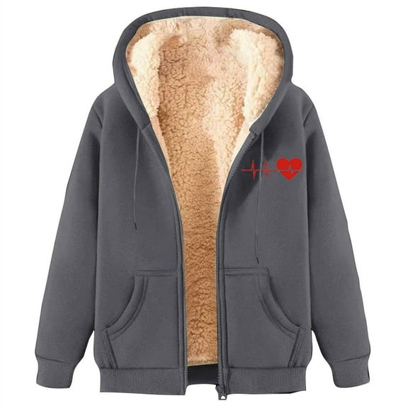 FNFHFY Zip Up Hoodies for Women Sherpa Lined Cute Graphic Hoodie Drawstring Hooded Sweatshirts Fall Winter Thicken Warm Jacket with Pockets