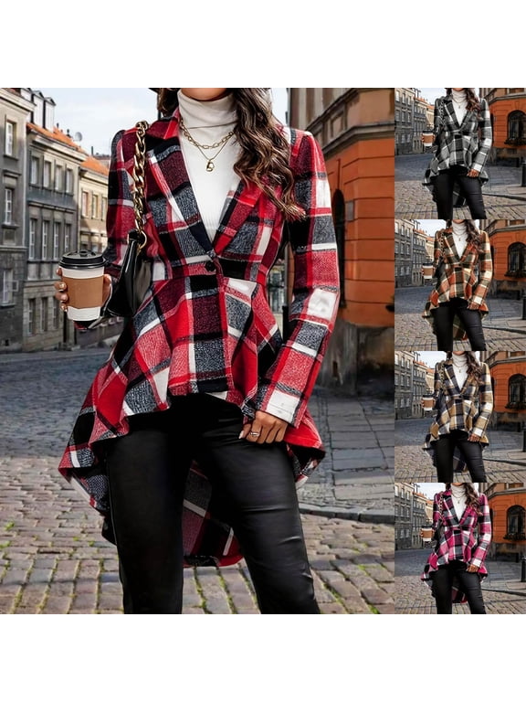 FNFUFH Women Plaid Shacket Jacket Ruffled High Low Hem Notched Lapel Blazer Jackets Peplum Babydoll Flannel Shirt