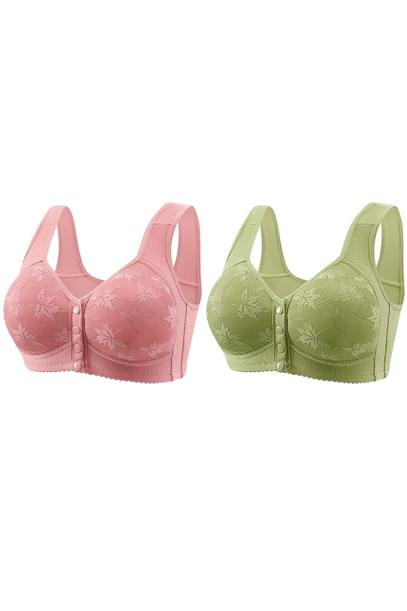 2 Pack Plus Size Wireless Bras Front Close Button Seamless Bralettes Full-coverage Push-up Underwear with Support and Lift T-shirt Bra No Underwire M-XXXXL