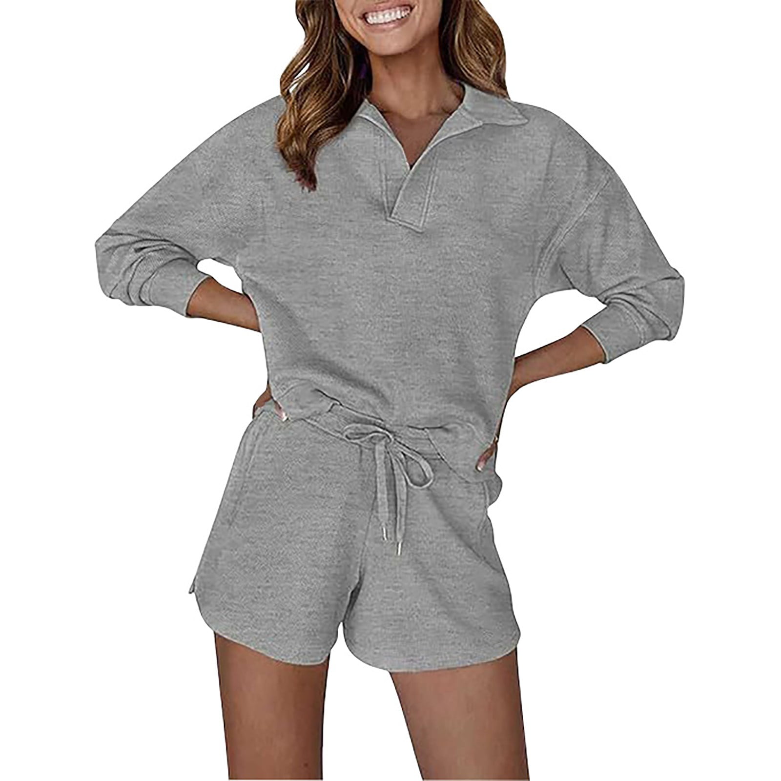 Tracksuit Drawstring FNFYFH 2 Piece Causal Suits for Women Comfy Long Sleeve V Neck Tops ...