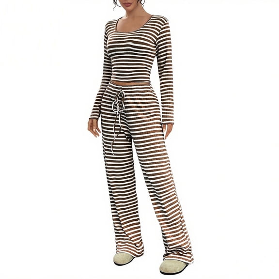 FNFYFH 2 Piece Lounge Sets for Women Fall Striped Slim Outfits Long Sleeve Wide Leg Tracksuits Womens Casual Loungewear Two Pcs Matching Set