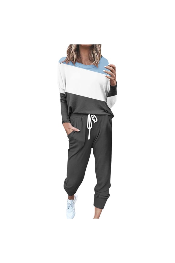 2 Piece Sweatsuit for Women Plus Size Color Block Tracksuits Outfits Causal Long Sleeve Crewneck Pullover Suits Loose Fit Sweatpants with Drawstring S-XXXXXL