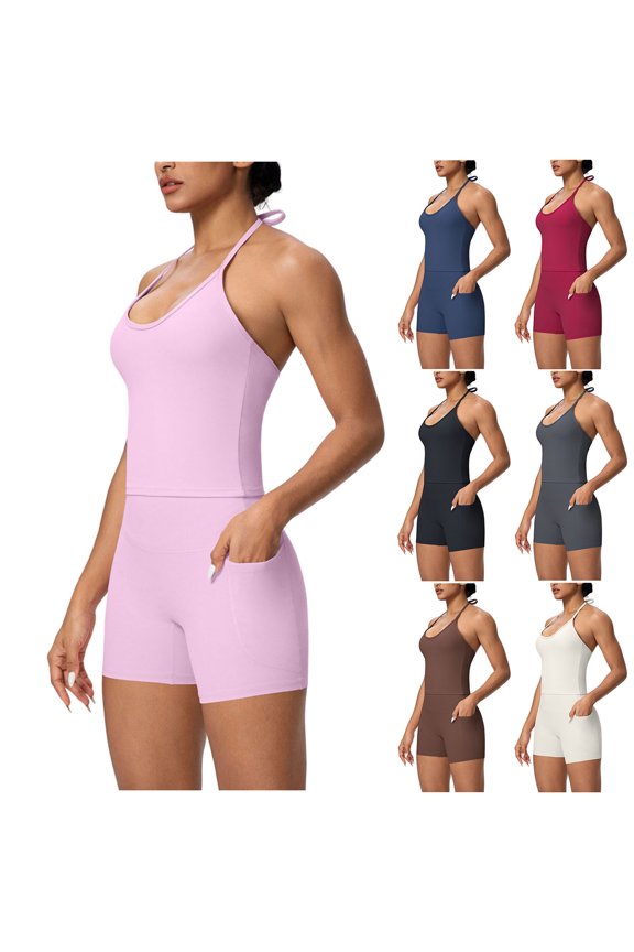 2 Piece Workout Sets for Women High Waisted Tummy Control Biker Shorts Halter Tank Tops Gym Outfits