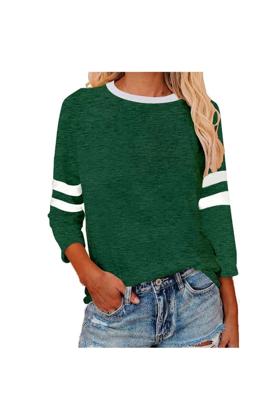 Womens 3/4 Sleeve Shirts Summer Crewneck T-Shirts Loose Basic Tops Color Block Cute Tops for Women