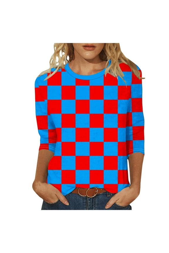 FNFYFH 3/4 Length Sleeve Womens Plus Size Tops Crew Neck Checkered Shirt Loose Fit Tunic Blouses