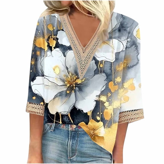 FNFYFH 3/4 Length Sleeve Womens Tops Boho V Neck Lace Shirt Trendy Blouses Dressy Casual Vacation Clothes