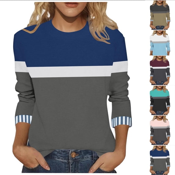 FNFYFH 3/4 Length Sleeve Womens Tops Plus Size Crew Neck T Shirt Casual Color Block Graphic Tees