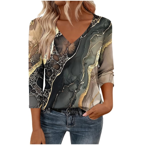 FNFYFH 3/4 Length Sleeve Womens Tops V Neck Shirt Dressy Casual Blouse Basic Tshirts 2026 Fashion Clothing