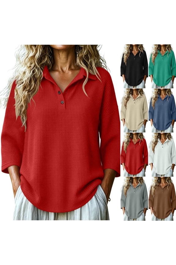FNFYFH 3/4 Sleeve Blouses for Women Dressy Casual Waffle Knit Tops V Neck Collared Shirts