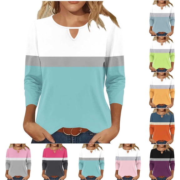 FNFYFH 3/4 Sleeve Tops for Women Color Block Shirts Crew Neck Tunic Three Quarter Sleeves Blouse,Blue