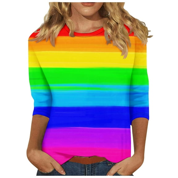 FNFYFH 3/4 Sleeve Tops for Women Plus Size Crew Neck Rainbow T Shirt Cute Tunic Tops Basic Tees Couple Pride Valentine's Day Shirts