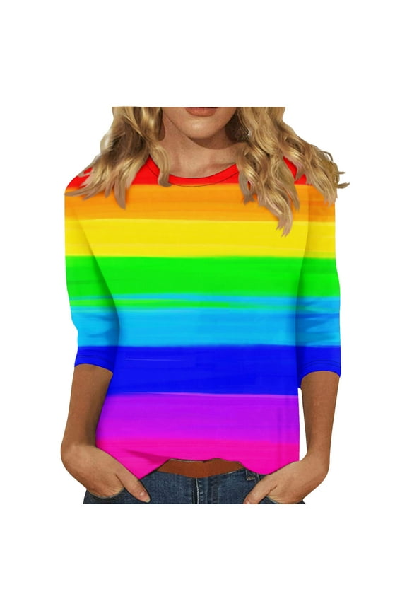FNFYFH 3/4 Sleeve Tops for Women Plus Size Crew Neck Rainbow T Shirt Cute Tunic Tops Basic Tees Couple Pride Valentine's Day Shirts