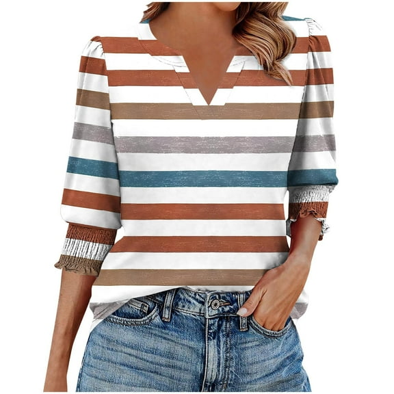 FNFYFH 3/4 Sleeve Tops for Women Striped T-Shirt Summer V Neck Tunic Tees Elastic Cuffs Top,Orange