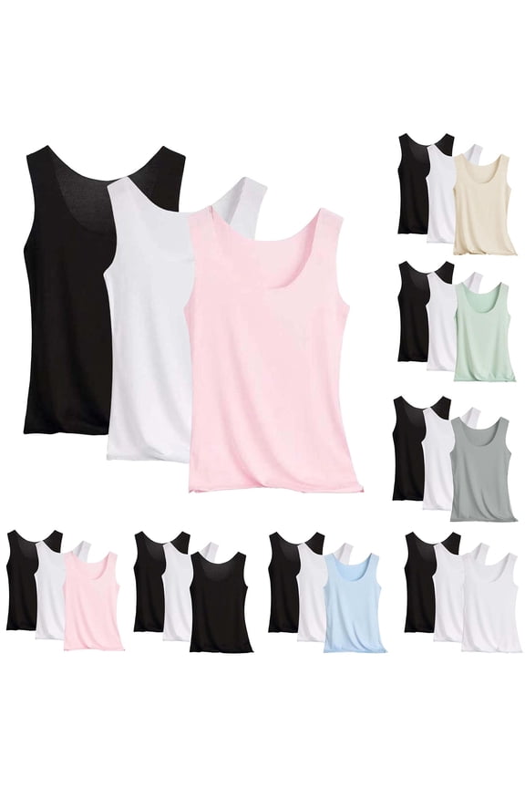 3 Pack Basic Tank Tops for Women Ice Silk Undershirt Sleeveless Scoop Neck Casual Layering Basic Tanks Top