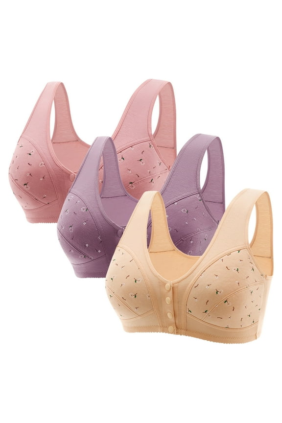 3 Pack Wireless Bras for Older Women Front Close Button Daisy Printed Bras,Comfort Breathable Seamless Bra Plus Size 2025 No Underwire Womens T-shirt Bras