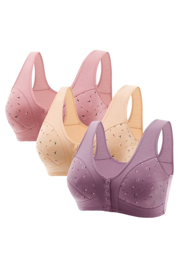3 Pack Wireless Bras for Older Women Front Close Button Daisy Printed Bras,Comfort Breathable Seamless Bra Plus Size 2025 No Underwire Womens T-shirt Bras