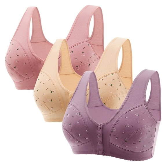FNFYFH 3 Pack Wireless Bras for Older Women Front Close Button Daisy Printed Bras,Comfort Breathable Seamless Bra Plus Size 2025 No Underwire Womens T-shirt Bras