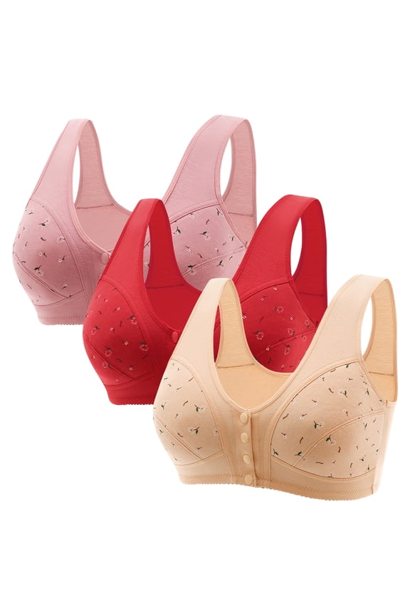 3 Pack Wireless Bras for Older Women Front Close Button Daisy Printed Bras,Comfort Breathable Seamless Bra Plus Size 2025 No Underwire Womens T-shirt Bras