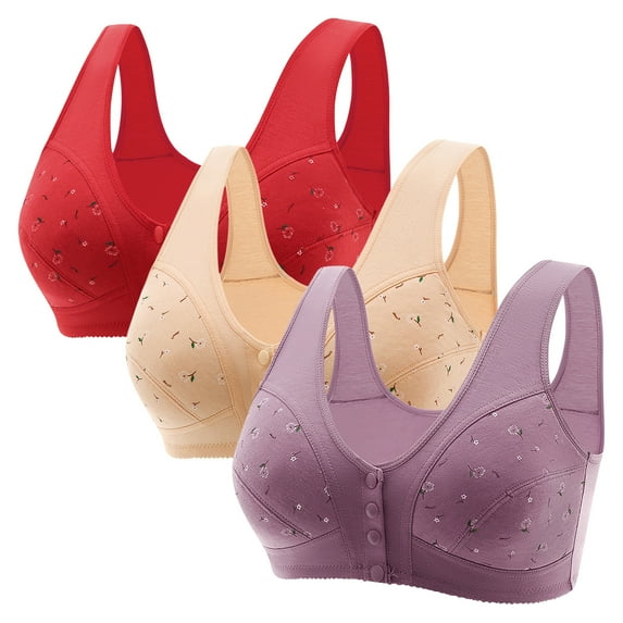FNFYFH 3 Pack Wireless Bras for Older Women Front Close Button Daisy Printed Bras,Comfort Breathable Seamless Bra Plus Size 2025 No Underwire Womens T-shirt Bras