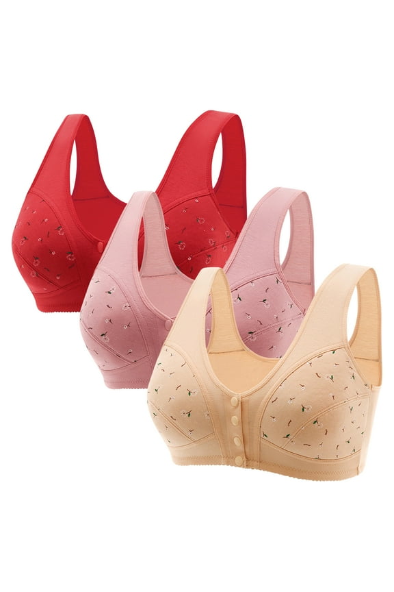 3 Pack Wireless Bras for Older Women Front Close Button Daisy Printed Bras,Comfort Breathable Seamless Bra Plus Size 2025 No Underwire Womens T-shirt Bras
