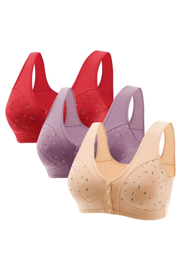 3 Pack Wireless Bras for Older Women Front Close Button Daisy Printed Bras,Comfort Breathable Seamless Bra Plus Size 2025 No Underwire Womens T-shirt Bras