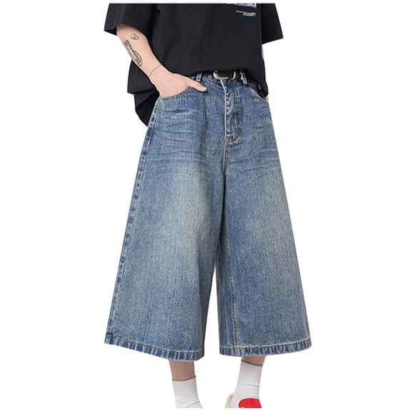 FNFYFH Baggy Jean Shorts for Men Casual Loose Fit Below Knee Long Denim Shorts 3/4 Jean Shorts
