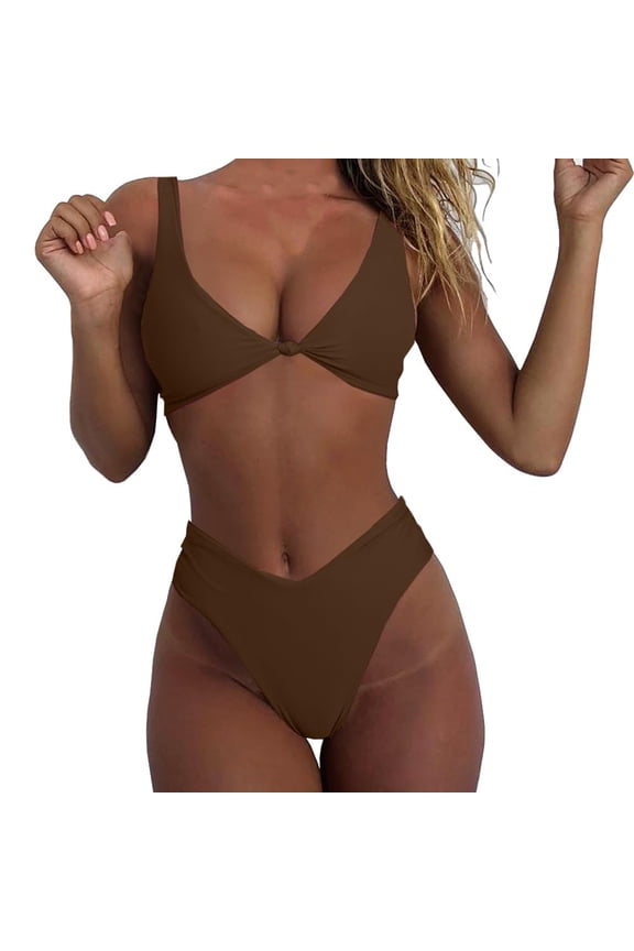 Bikini Set for Women Solid V Neck Knot Front Push Up High Leg Thong Two Piece Swimsuit