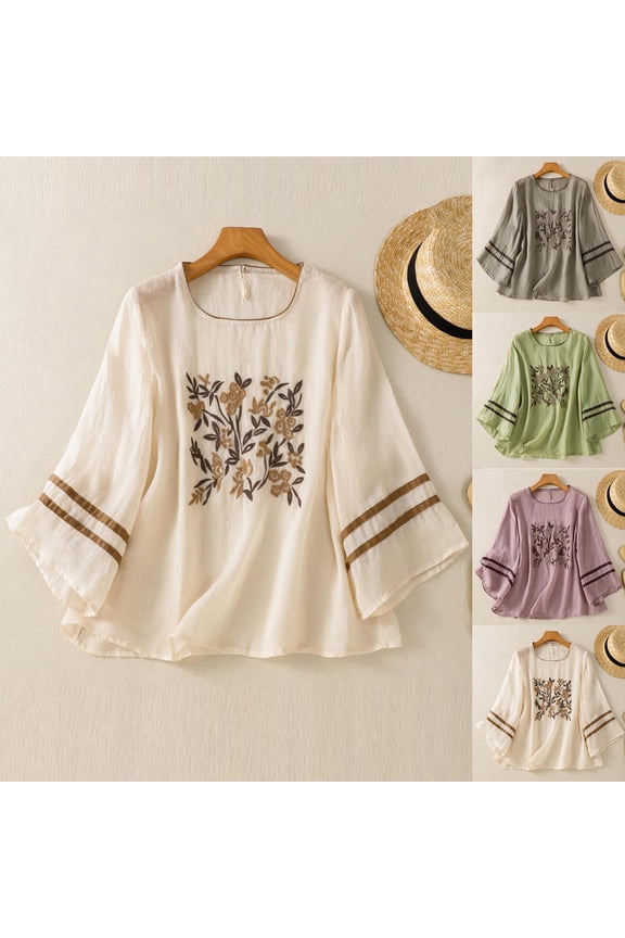 FNFYFH Boho Tops for Women 3/4 Sleeve Crew Neck Embroidered Shirt Flowy Gauze Peasant Blouse