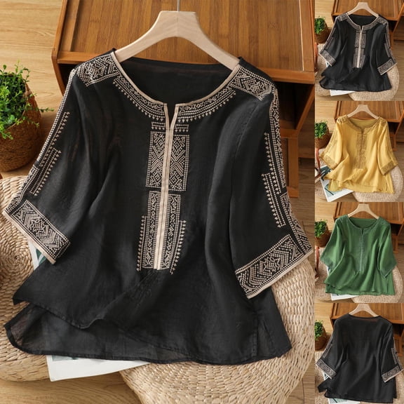 FNFYFH Boho Tops for Women Retro 3/4 Sleeve V Neck Embroidered Shirt Lightweight Summer Gauze Top Blouses