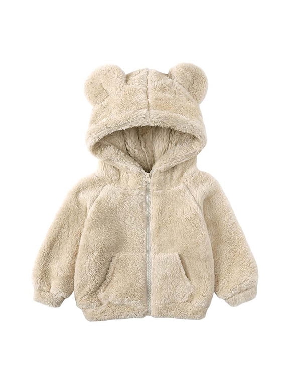 Boys Girls Fleece Coat Zipper Teddy Bear Jackets with Hood Winter Warm Long Sleeve Outerwear with Pockets for Kids Brown 80-130