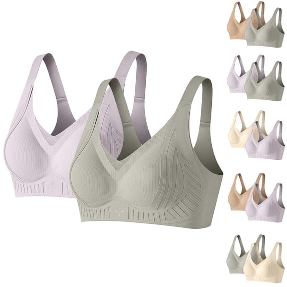 FNFYFH Bras for Women V Neck Seamless Wireless Bra Plus Size Supportive Pushup Bralette Comfortable Sports T Shirt Bra 2PC