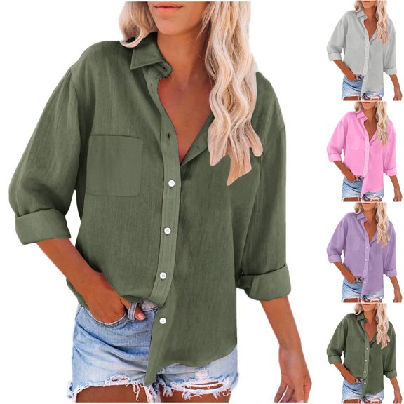 FNFYFH Button Down Shirt for Women Long Sleeve Cotton Linen Shirts Casual Collared Blouses Loose Fit Bussiness Tops
